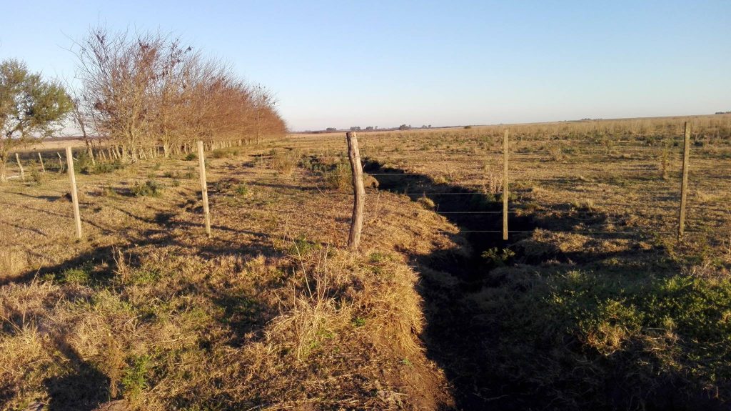 7 de Julio Día de la Conservación de Suelos, zanja hecha por erosión hídrica, alambrado atardecer en el campo, 7 de Julio Día de la Conservación de Suelos