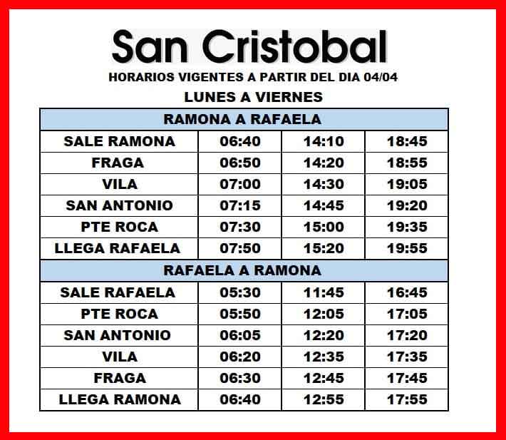 horarios ruta 70-Horarios san cristobal-Colectivos desde Rafaela Santa Fe a Fraga, Vila, San Antonio, Pte. Roca y Ramona Santa Fe.