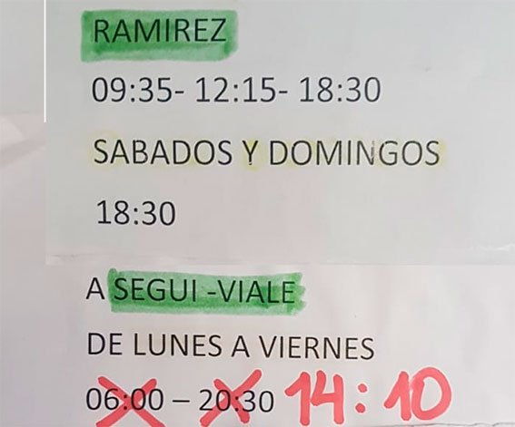 horarios de empresa el indio a ramírez, seguí y viale-le nunes a viernes, sábados, domingos y feriados