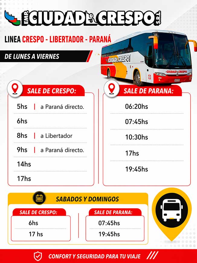 Empresa ciudad de crespo, colectivos desde crespo a Libertador San Martín y a Paraná, ida y vuelta, de regreso