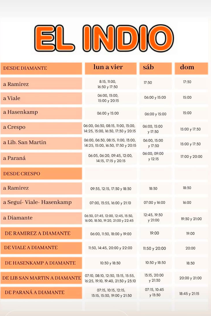 Horarios de colectivo empresa El Indio, desde Diamante a Ramírez, a Viale, a Hasenkamp, a Crespo, a Libertador San Martín, a Paraná y a Seguí y de regreso, ida y vuelta.