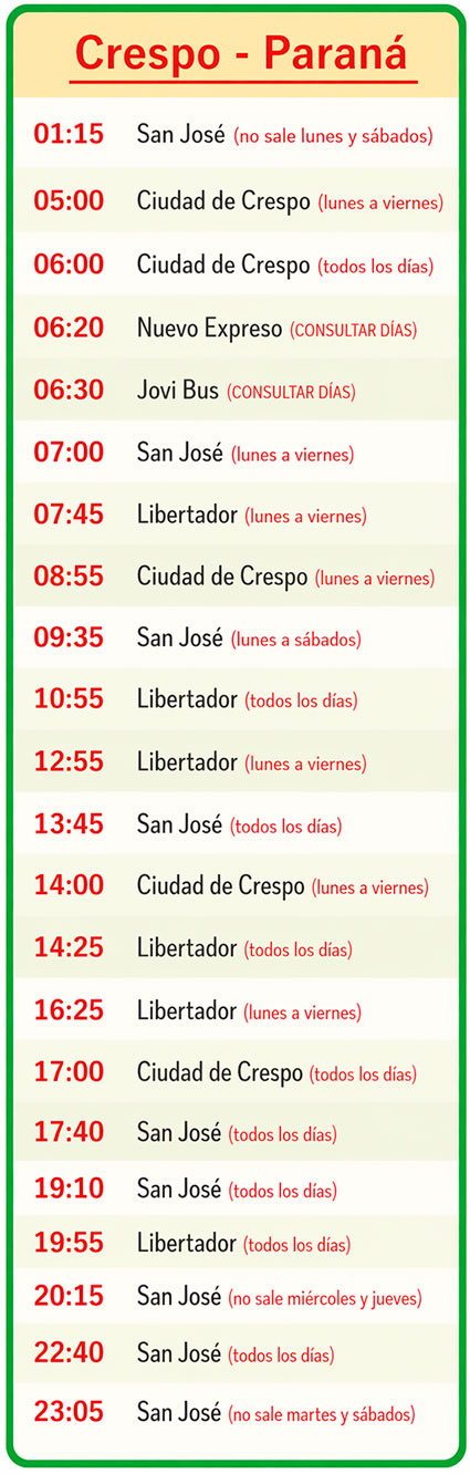 Colectivos Crespo Parana-
Horarios de omnibus desde la ciudad de Crespo a la ciudad de Paraná, Entre Ríos.