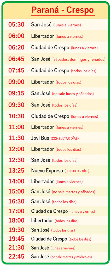 colectivos parana crespo, Horarios de ómnibus de distintas empresas de transporte colectivo de personas, entre Paraná y Crespo.