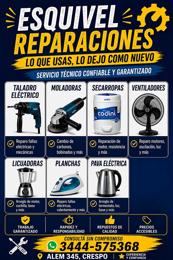 Brandon Esquivel reparaciones de electrodomésticos, electrónica del hogar, maquinas electricas de talleres mecánicos y máquinas de la construcción, en Crespo Entre Ríos. Reparación de máquinas y motores eléctricos