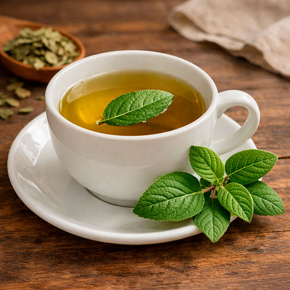 una taza de té de boldo servida, con hojas de boldo