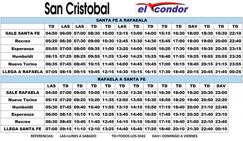 Horarios ruta 70, "Empresas San Cristobal y El Condor" Colectivos desde la ciudad de Santa Fe con destino a la ciudad de Rafaela, pasando por las ciudades de Recreo Esperanza, Humboldt y Nuevo Torino, Santa Fe.
de lunes a viernes, colectivo directo, Horarios de sábados y Domingos
