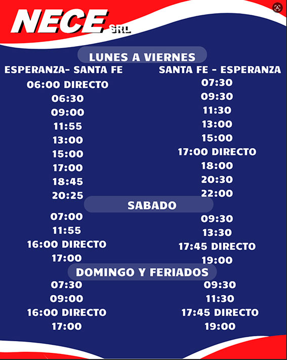Nece Esperanza - Horarios de colectivo de la Empresa NECE s.r.l., entre las ciudades de Santa Fe y Esperanza - idea y vuelta, de lunes a viernes, colectivo directo, Horarios de sábados y Domingos