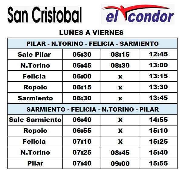 empresa San Cristobal, horarios de Colectivos desde Sarmiento a Pilar