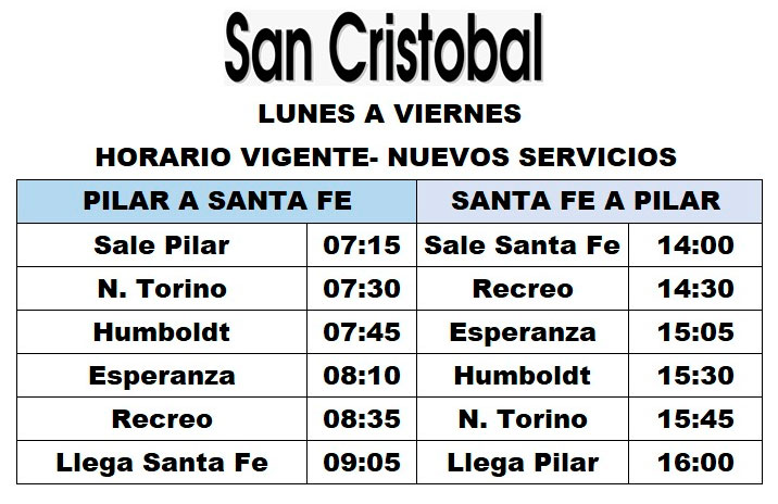 Horarios de Colectivos Empresa San Cristobal Desde Pilar a Nueva Torino, Humbolt, Esperanza , Recreo y Santa Fe. y viseversa, ida y vuelta, de regreso