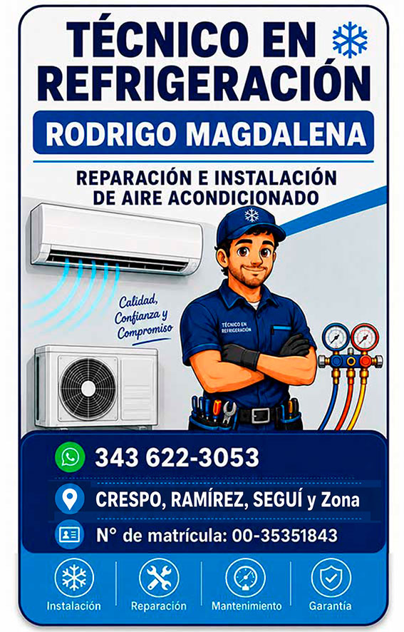 Rodrigo Magdalena, técnico en refrigeración y aire acondicionado en Crespo, Ramírez, Seguí y zona.