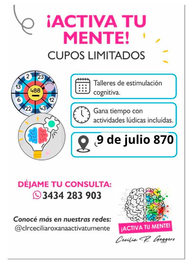 Avtiva tu Mente Taller de estimulación cognitiva para la tercera edad en Crespo, Entre Ríos
Profesional a cargo: Cecilia Gaggero