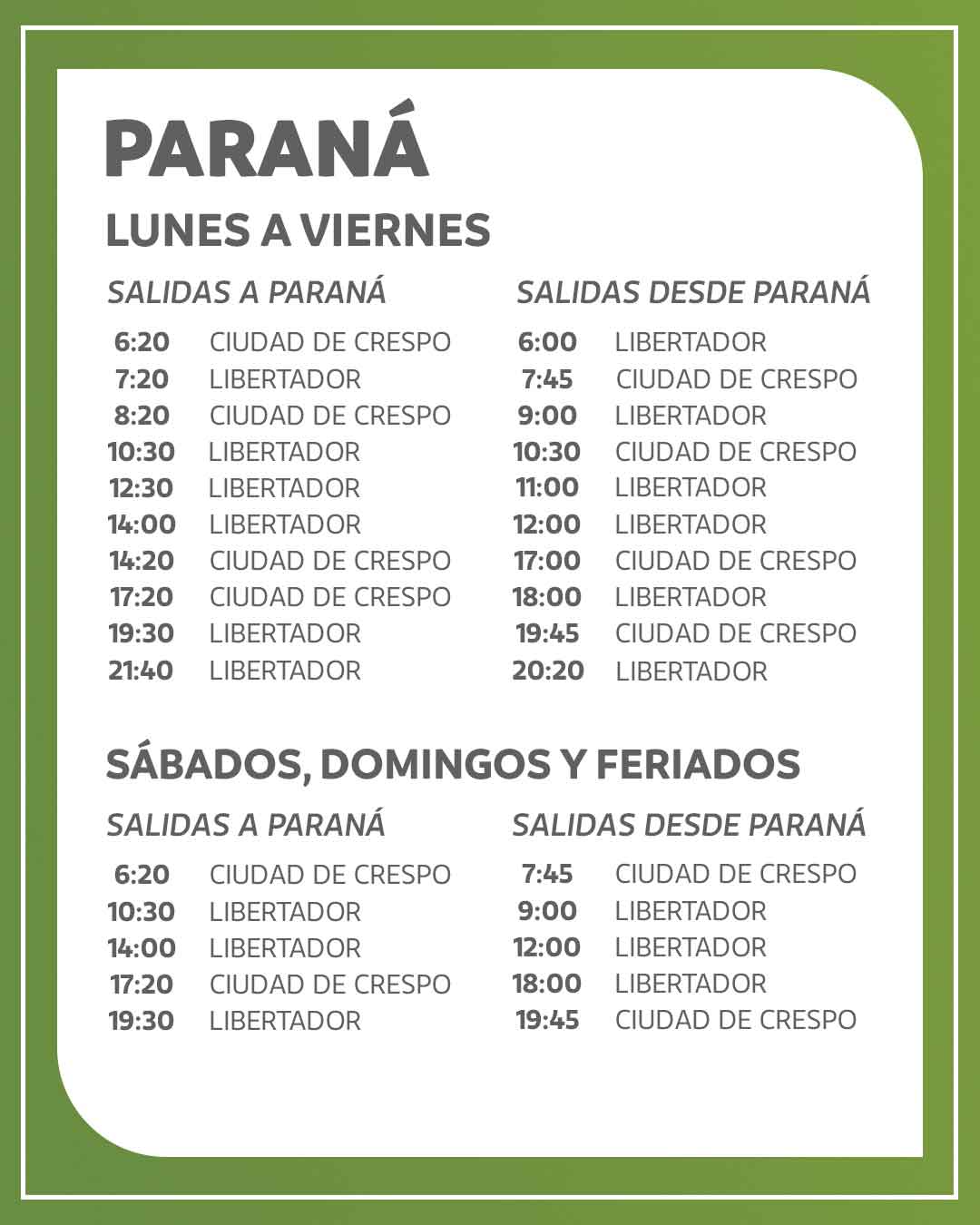 horarios de colectivos a Paraná desde terminal Libertador San Martín