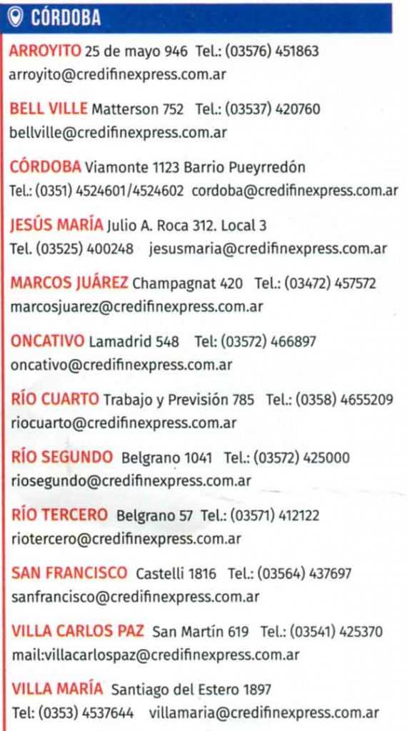 credifin express córdoba, arroyito, bell ville, jesús maría, marcos juarez, oncativo, río cuarto, río segundo, tercero, san francisco, villa carlos paz, villa maría