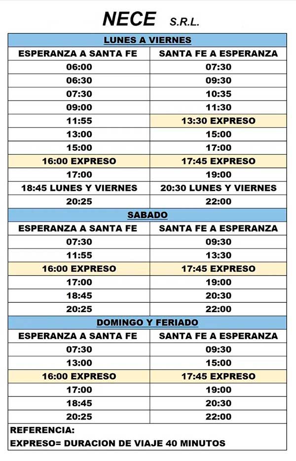 horarios ruta 70– San Cristobal - El Condor- HORARIOS SANTA FE - RAFAELA